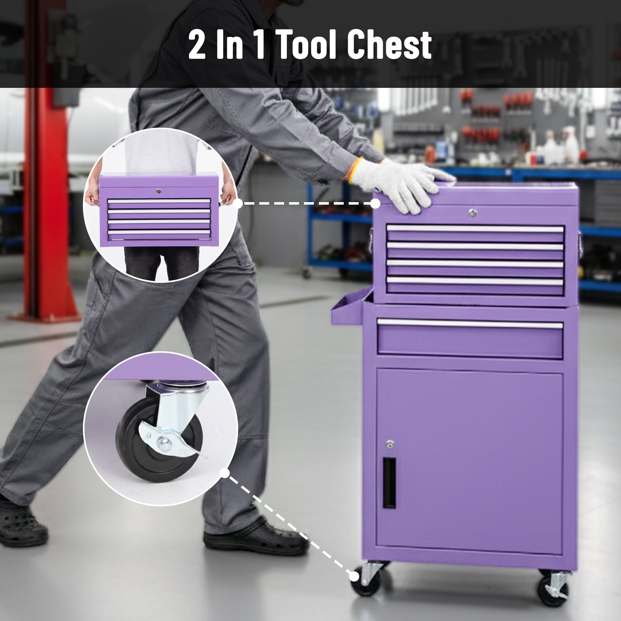 5-Drawer Tool Box, Enyopro Rolling Tool Chest, Stainless Steel Tool Box with Brake Wheels and 4 Drawers, Detachable Tool Cart, Purple