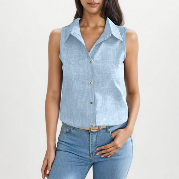 Blue Tshirts for Womens Sleeveless Tops Casual Down Collared Shirt Linen Tank Tops Loose Fit Blouse Work Outfits Going Out Tops for Women