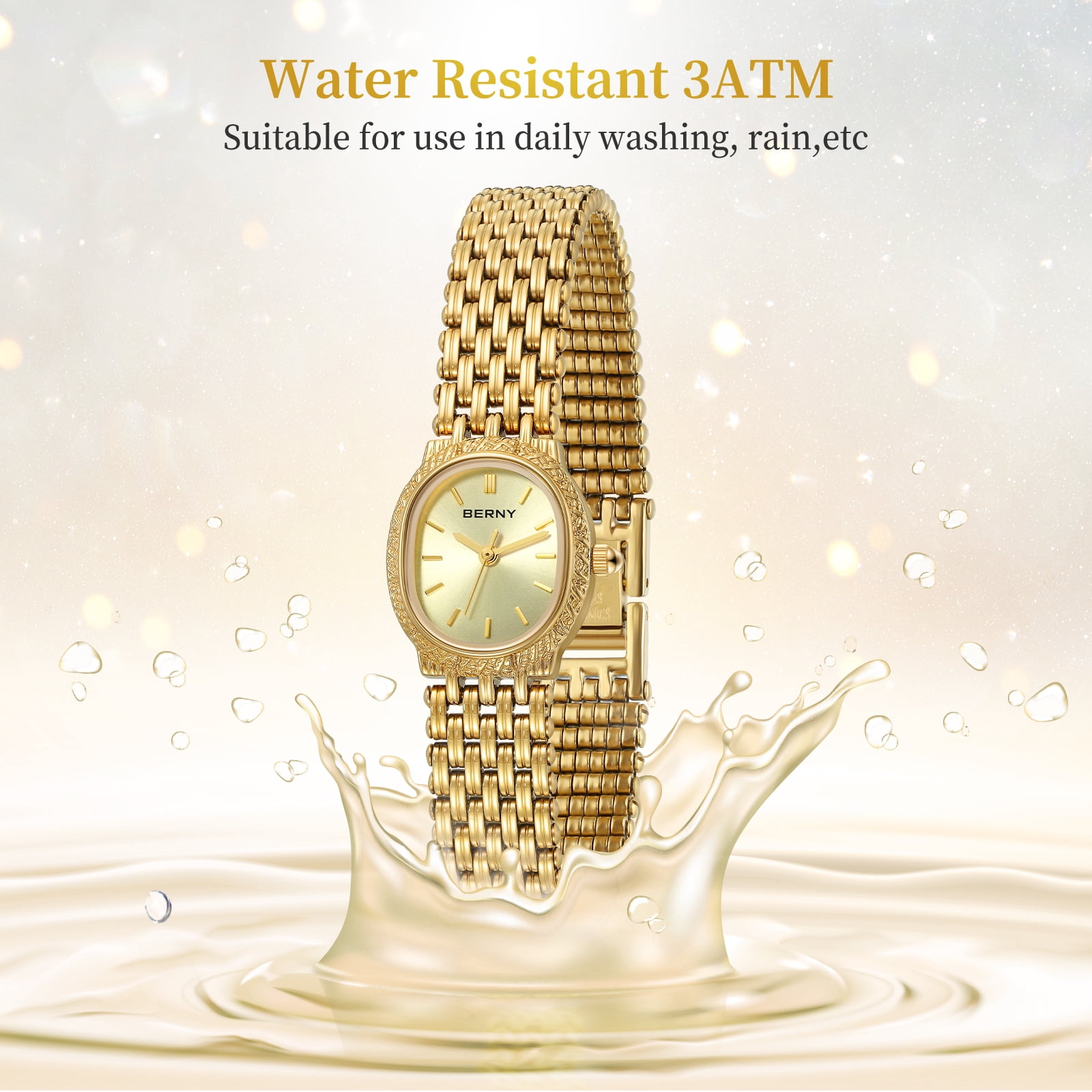 BERNY Small Gold Watches for Women, Dainty Vintage Oval Dial Stainless Steel Bracelet Watch, Adjustment Tool Included, Waterproof, Minimalist Luxury Ladies Analog Quartz Wrist Watch (Gold)