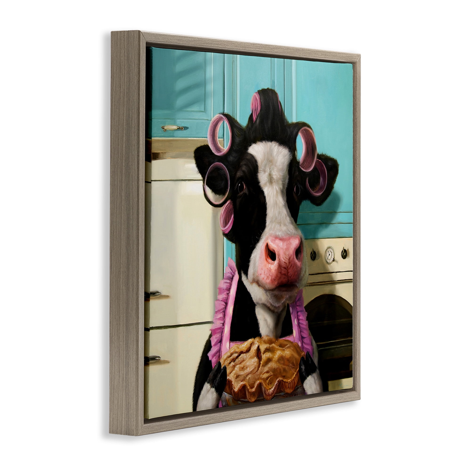 Stupell Industries Glamorous Cow Baking Pie Animals & Insects Painting Brown Floater Framed Canvas Art Print Wall Art, 18 x 18