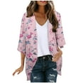 thumbnail image 2 of UPPADA 3/4 Sleeve Cardigan for Women Dressy Lightweight Long Tee Shirts Chiffon Blouses Floral Print Kimono Cardigans Loose Cover up Summer Blouse Top Pink,L, 2 of 6