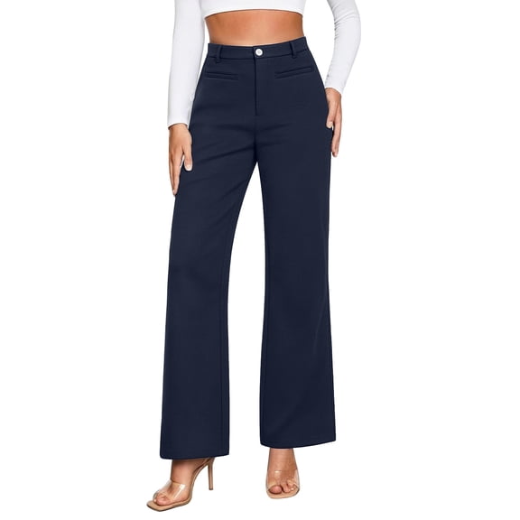 Likimi Womens Pants Straight Leg Solid Color High Waist Wide Leg Summer Wear Casual Comfort Trousers Navy Size S