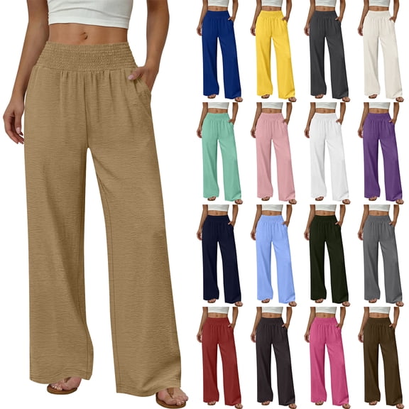 Women'sm Palazzo Pants Stretchy High Waisted Casual Wide Leg Slacks Summer Beach Lounge Trousers with Pockets Royal Blue L