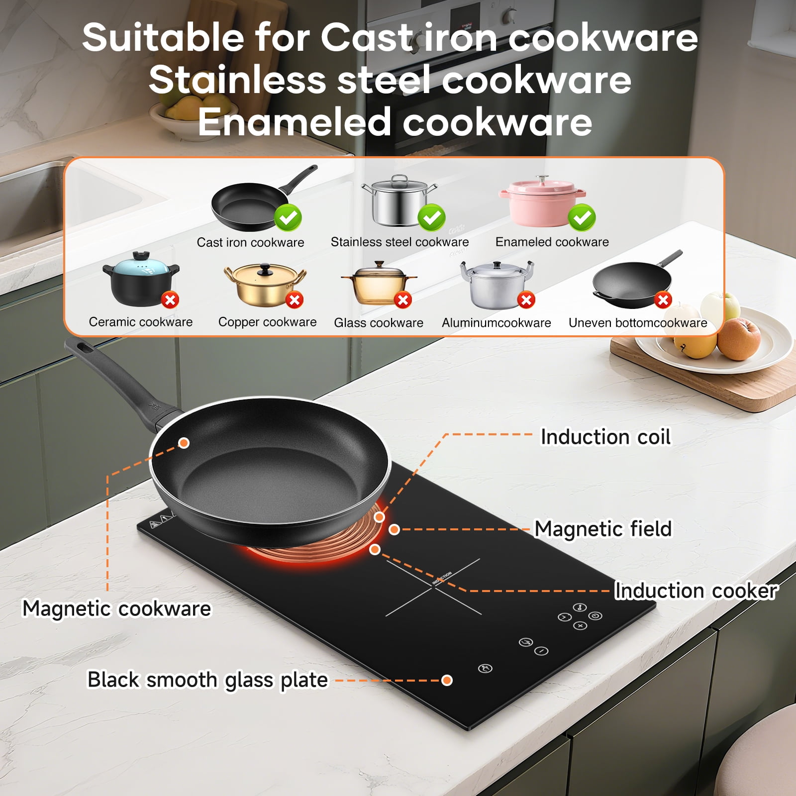 VoltCuisine Double/Dual Induction Cooktop 2 Burner, Shatter-proof Flat Glass Top, 9 Heat Settings, LED Touch Display with Child Safety Lock & Overheat Protection