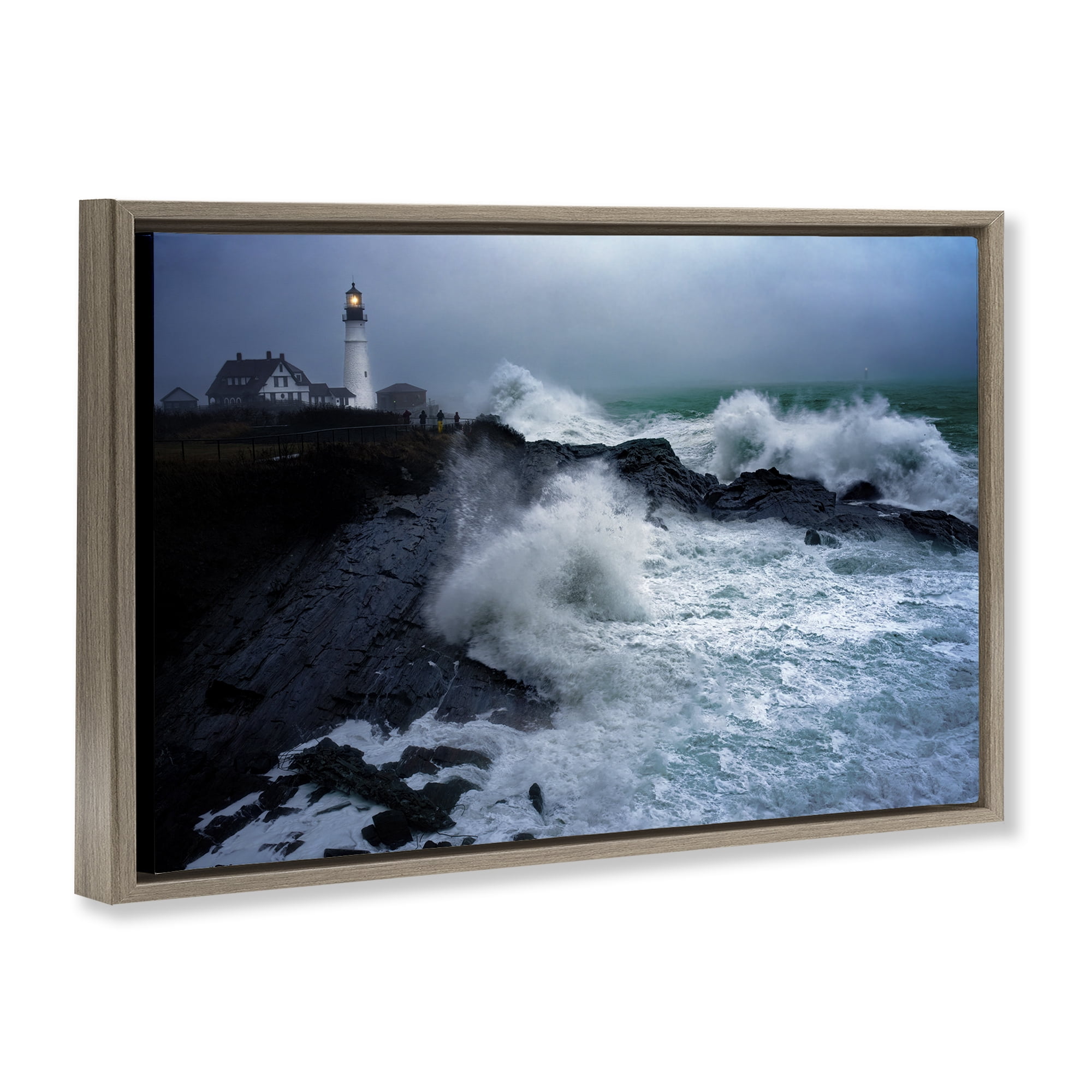 Stupell Industries Splashing Waters with Lighthouse Nautical & Beach Photography Brown Floater Framed Canvas Art Print Wall Art, 25 x 17