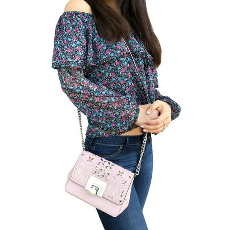 Stud Clutch - Michael Kors Tina Stud Small Clutch Bag Crossody Blossom Pink Floral Perforated