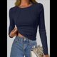 thumbnail image 5 of Tops de Larga Acanalados para Mujer, Camiseta Corta Ajustada y Elástica con Costuras Expuestas, Camiseta de Moda para y Otoño. Azul Marino L, 5 of 8