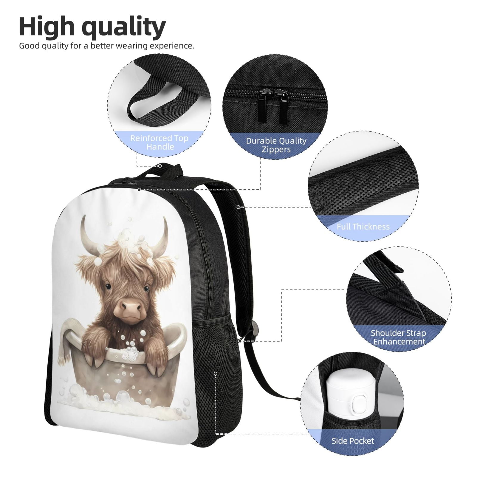 Defioc Cute Cow Bath Print Backpack -Travel,or Work Bookbag Daypacks with 15-Inch Laptop Sleeve and Dual Water Bottle Pockets