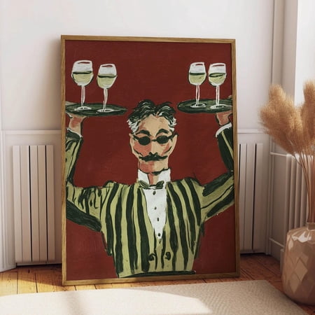 Vintage Waiter Oil Painting Print - Retro Beverage and Wine Glass Poster for Bar and Kitchen Wall Decor UNFRAMED Poster