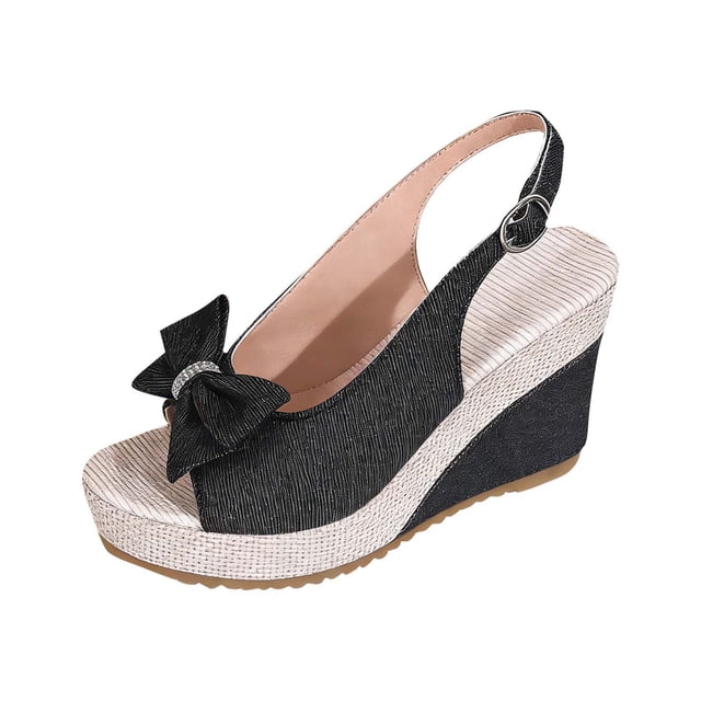 Wedge Sandals for Women with Peep Toe and Adjustable Buckle, Casual Denim Upper with Rhinestone Bow for Spring and Summer