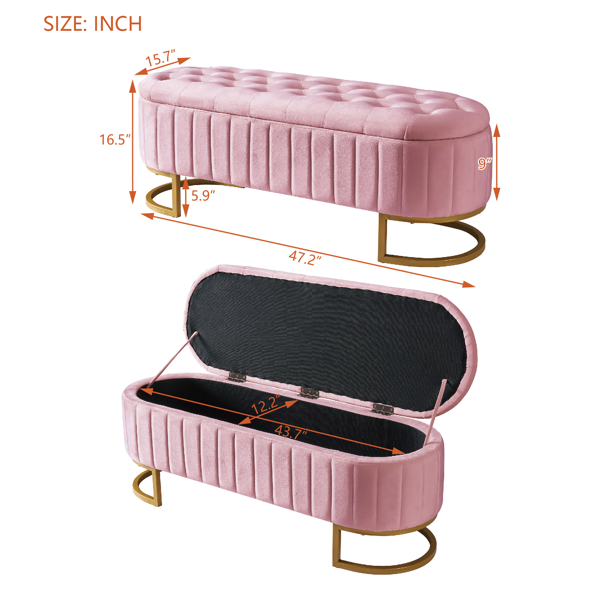Euroco Upholstered Velvet Storage Ottoman Bench,End of Bed Bench with Metal Legs,Storage Chest for Bedroom,Living Room,Entryway,Pink