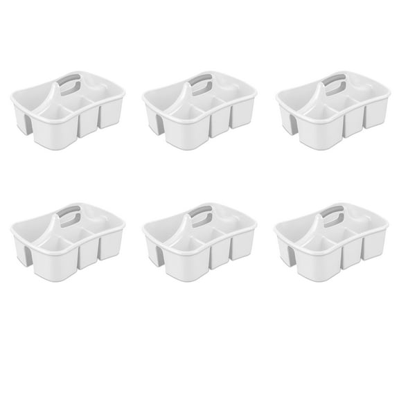 Sterilite Divided Ultra Caddy, Plastic, Portable Storage to Hold Bathroom and Cleaning Supplies, 5 Large Compartments and Handle, White, 6-Pack