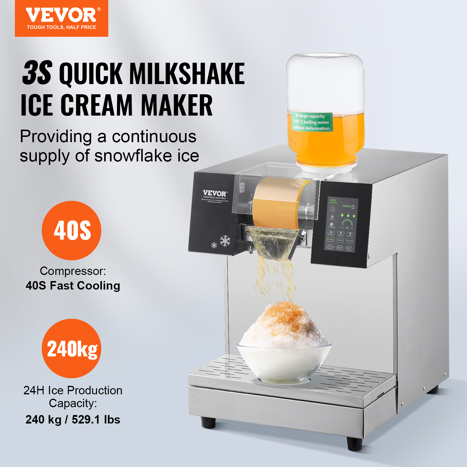 VEVOR Commercial Snowflake Ice Machine, 529.1LBS/24H Snowflake Ice Maker, Stainless Steel Ice Shaver Machine, Electric Snow Cone Maker, Liquid Cooling System for Rapid Heat Dissipation, Ice Cream