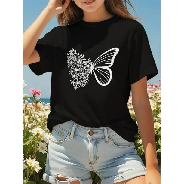 Girls' Casual Crew Neck Short Sleeve Polyester Knit Top, Loose Fit, with White Butterfly Alphabet Print, for Outdoor Leisure, College Style, Spring, Summer, and Autumn