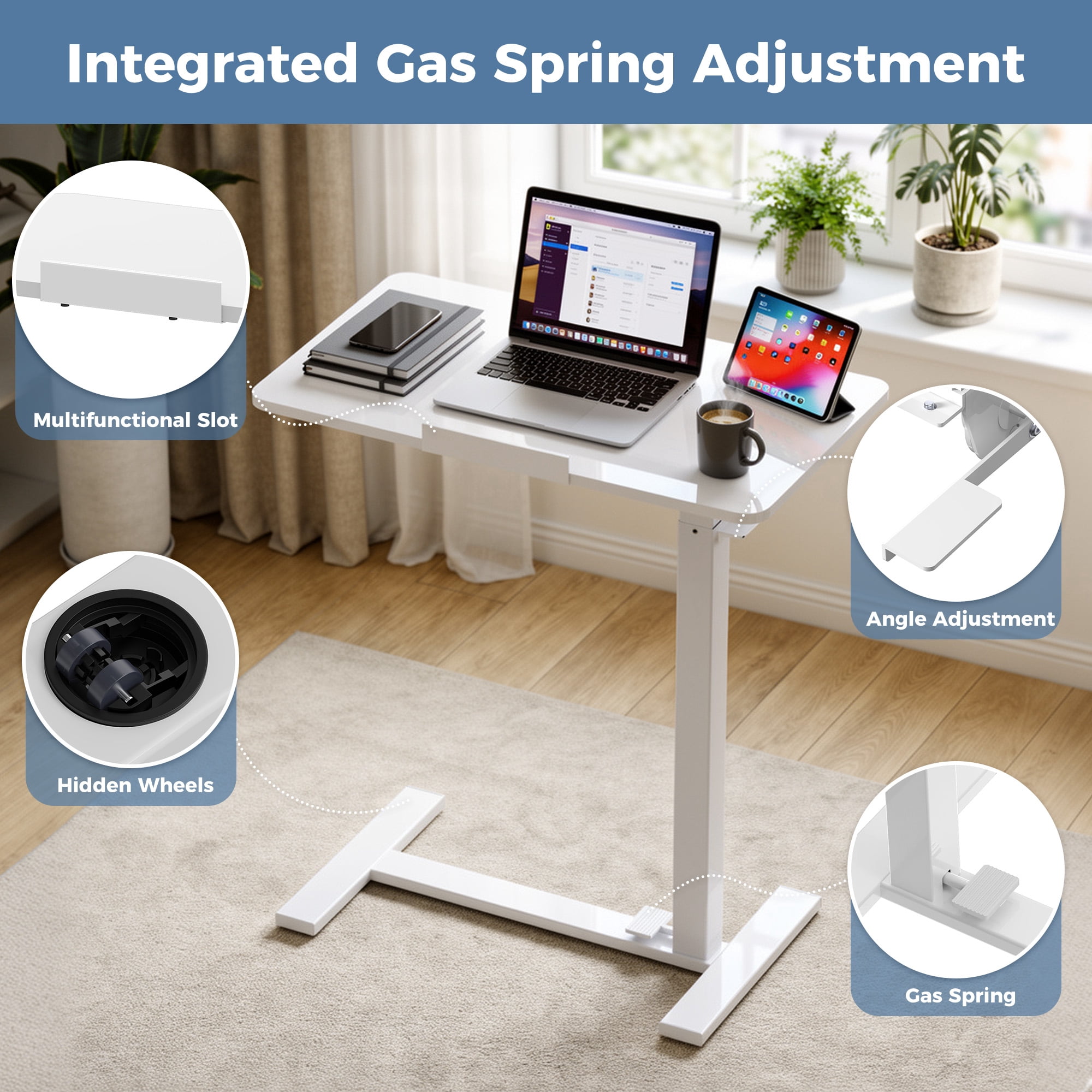 EDX Adjustable Overbed Table with Wheels, Rolling Laptop Bed Desk for Home Hospital Use, Height & Tilt Adjustable Mobile Table for Eating, Working, Reading， White