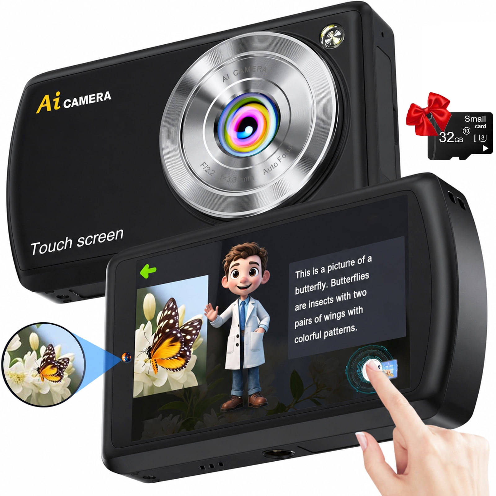 AI Digital Camera for Kids WiFi 3.6" IPS Touchscreen Dual Cameras with AI-Powered Visual Recognition AI Voice Chat AI Art Effects; STEM Learning Beauty & AR Filters with 32G Card