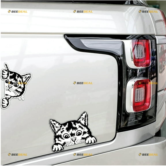 Peeking Cat With Cute Face Black Car Magnet Sticker Magnetic Decal - Set of 2 Reflective 5" - for Truck Door Fridge Reusable Waterproof
