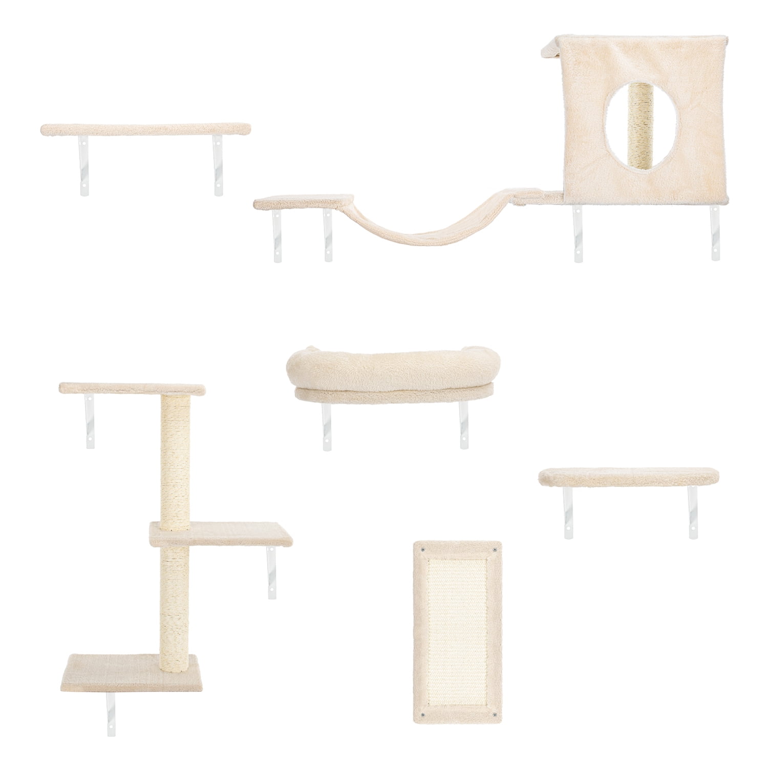 Pefilos Cat Wall Shelves and Perches Set of 6 with Cat Perch, Indoor Cat Condo for Sleeping Playing Lounging Climbing Cat Tree House, Beige Pefilos Cat Wall Shelves and Perches Set of 6 with Cat Perch, Indoor Cat Condo for Sleeping Playing Lounging Climbing Cat Tree House, Beige