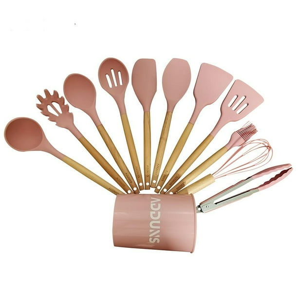 Adduns Wooden Silicone Kitchen Utensil Set With Holder 11 Piece Set Walmart Com Walmart Com