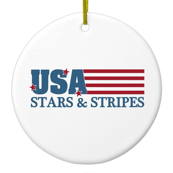 DistinctInk Hanging Ceramic Christmass Tree Ornament with Gold String - Great Gift / Present - 2 3/4 inch diameter - USA Flag Stars & Stripes