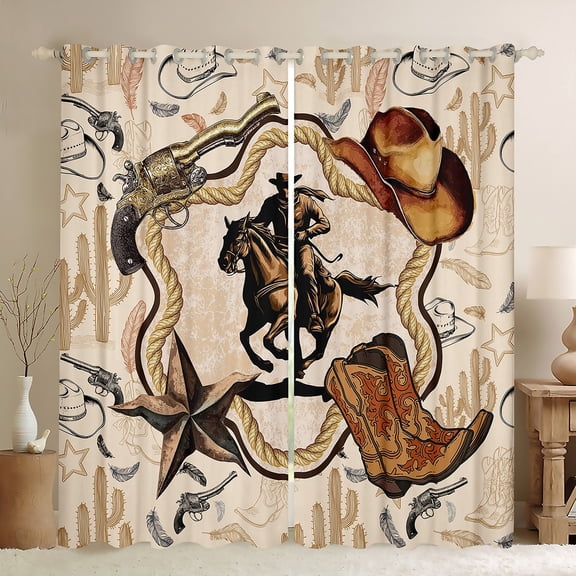 Feelyou Tribal Western Cowboy Black Out Curtains, Brown Cowgirl Boot Curtains Pack of 2 (42x63 Each), Texas Stars Cactus Bedroom Curtains, Curtains and Drapes Room Decor