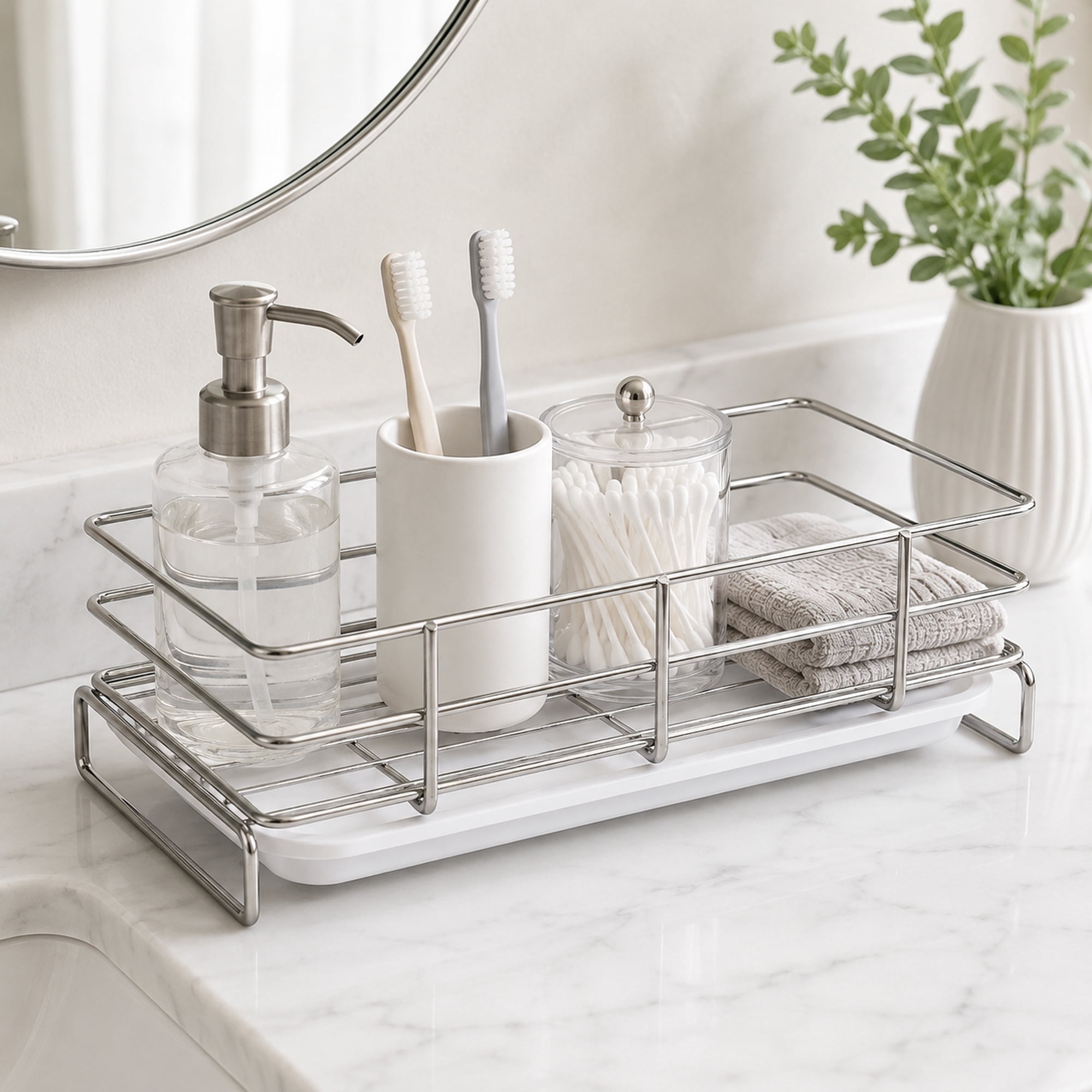 Stainless Steel Kitchen Sink Caddy with Removable Drip Tray and Bamboo Brush, Sponge and Soap Countertop Organizer