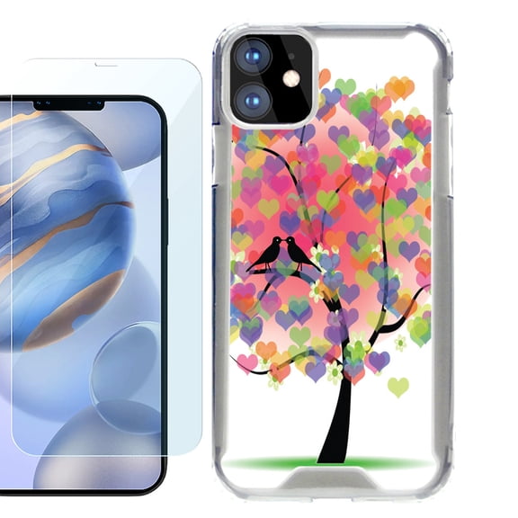 For Apple iPhone 12 Case, iPhone 12 Pro Case, Hybrid Bumper Phone case, with Tempered Glass Screen Protector, by OneToughShield ® - Color Hearts Tree
