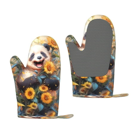 

Lukts Elegant Cute Panda Sunflower for Silicone Anti-Scalding Gloves Kitchen Lanyard Gloves for Grilling Baking Cooking