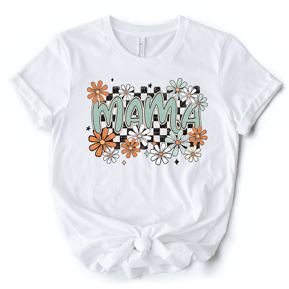 Floral Mama Checkered T-Shirt, White, Natural and Black Retro Tee for Stylish Mothers