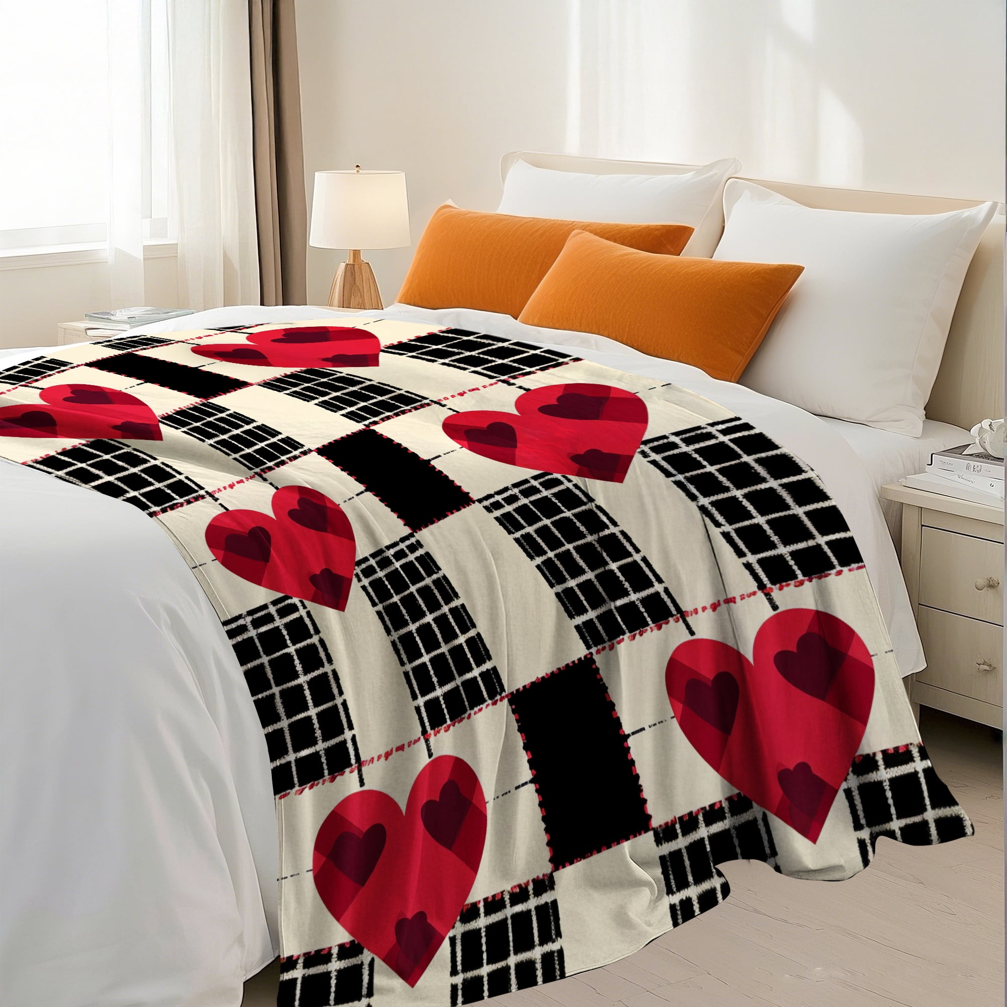 Flannel Fleece Throw Blanket, Soft Large Throw Blanket, Lightweight Cozy Plush Throw Blanket Fit Sofa Bed, 50"x60", Heart & Plaid pattern
