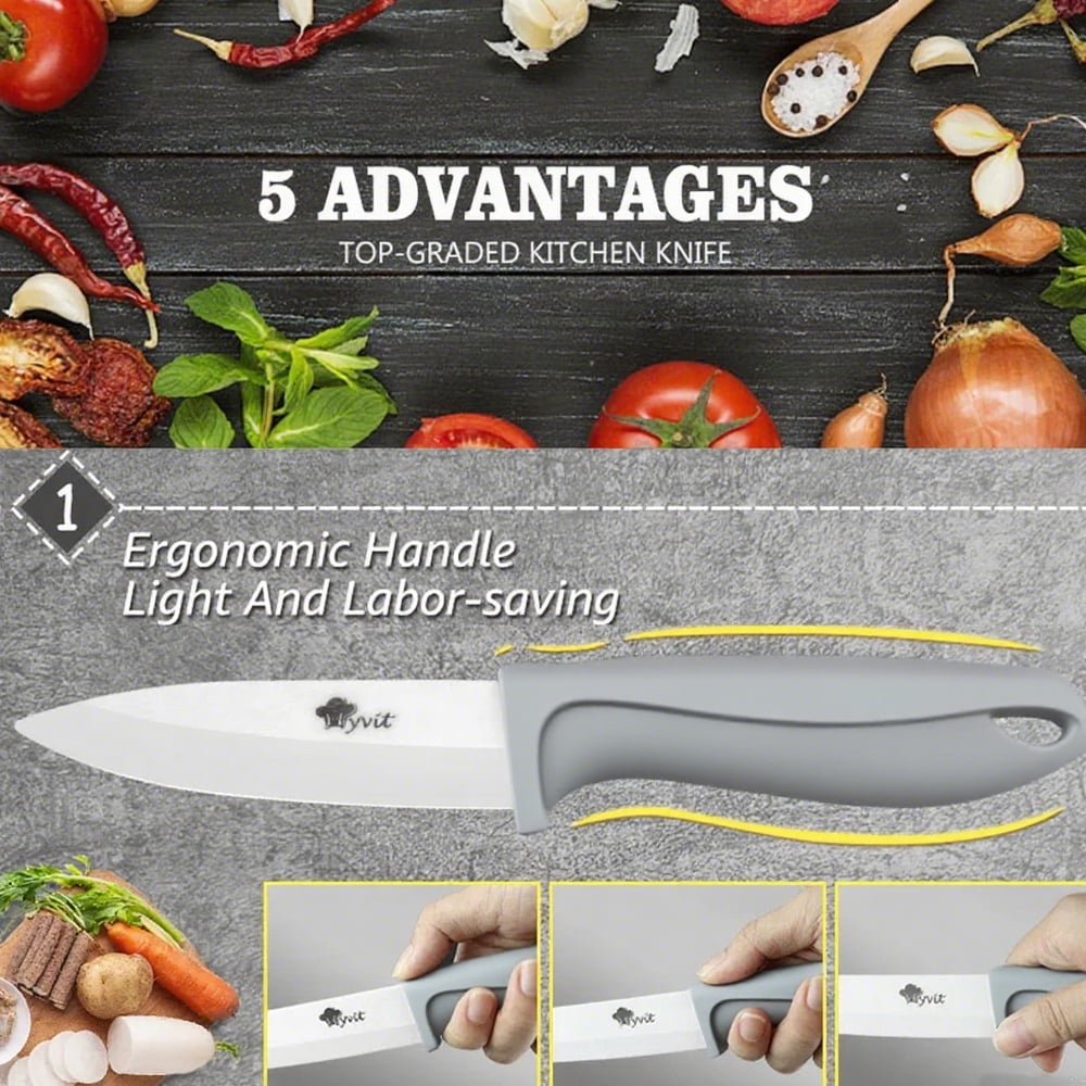 Myvit Ceramic Knives Set for Kitchen,11-Piece Chef Vegetable Fruit Paring Knifes with Cover, 6" Serrated Fruit Peeler,6",5",4",3" in Gray