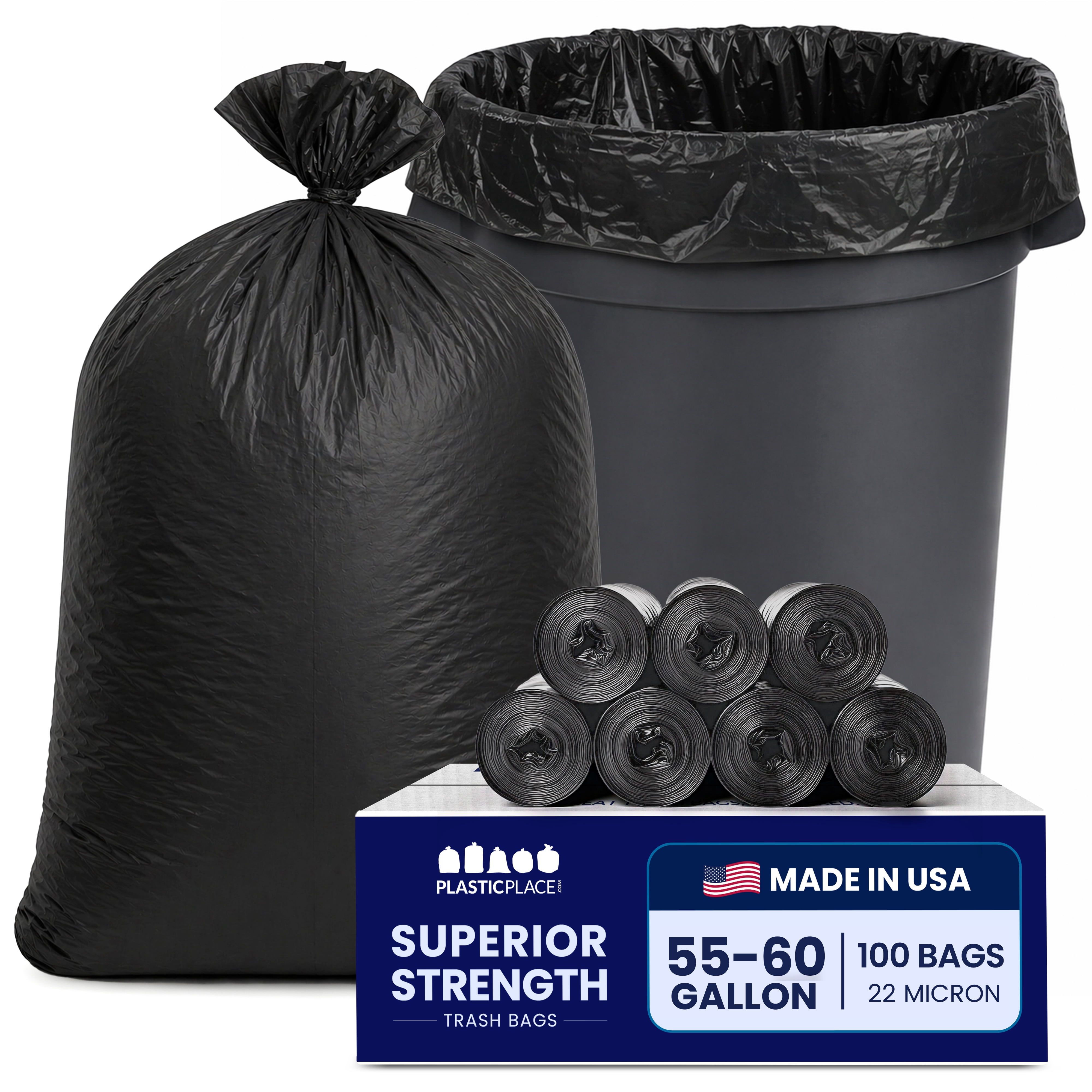 Plasticplace 55-60 Gallon Trash Bags, Heavy Duty Black Garbage Bags, 100 Count for Lawn, Yard, and Outdoor Waste Disposal, Ideal for Industrial Trash Cans, Contractors, and Home Improvement Projects