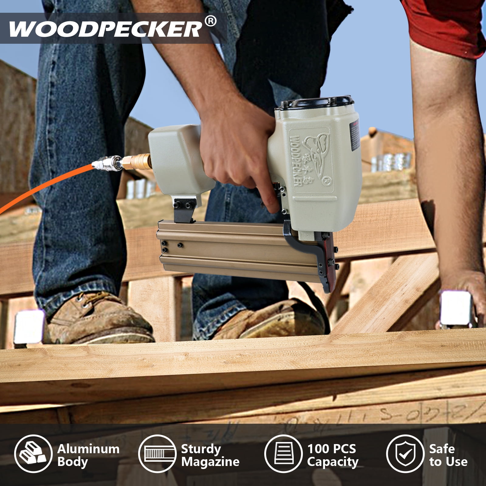 WOODPECKER ST64 Pneumatic Concrete T Nailer, 14 Gauge 3/4" to 1-1/2" Heavy Duty Air Concrete Nail Gun for hardwood nailing, Masonry, Cement, Concrete Brick Nailing