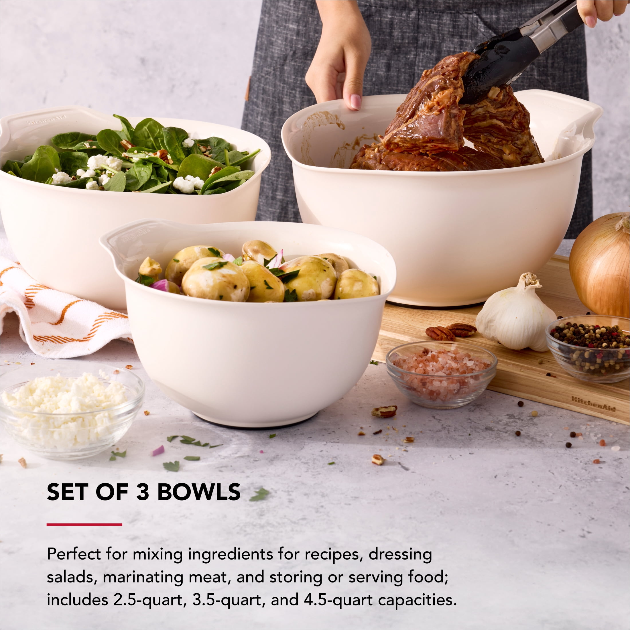 KitchenAid 3-Piece Nesting Plastic Mixing Bowls Set, Porcelain