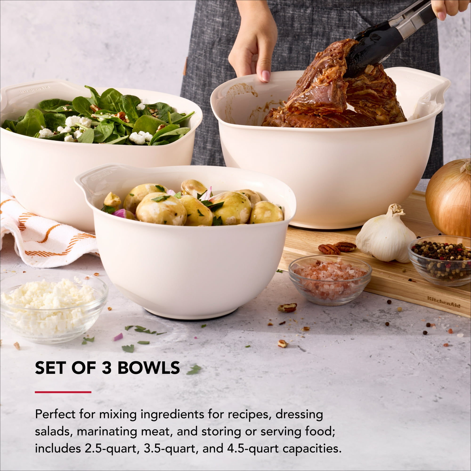 KitchenAid 7-Piece Plastic Nesting Mixing Bowl Set and Prep Bowls with Lids, Porcelain