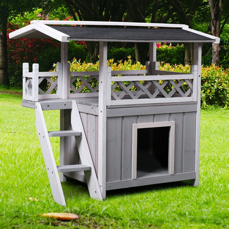 Dog House Outdoor Shelter Roof Cat Condo Wood Steps Balcony Puppy Stairs