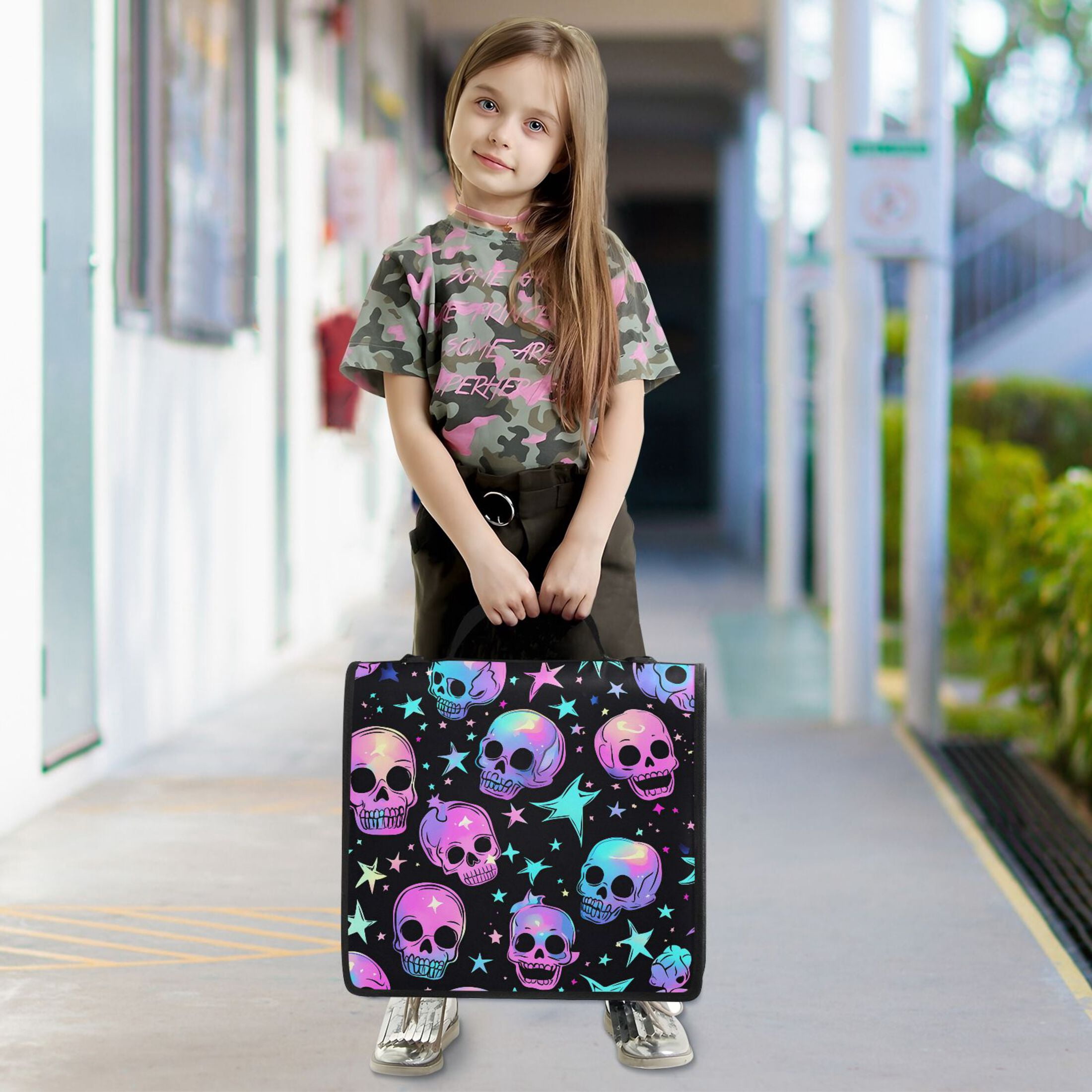 3 Ring Zipper Binder with Shoulder Strap Waterproof Trapper Keeper 2 Inch D-Ring 500 Sheets Capacity Neon Skulls and Stars