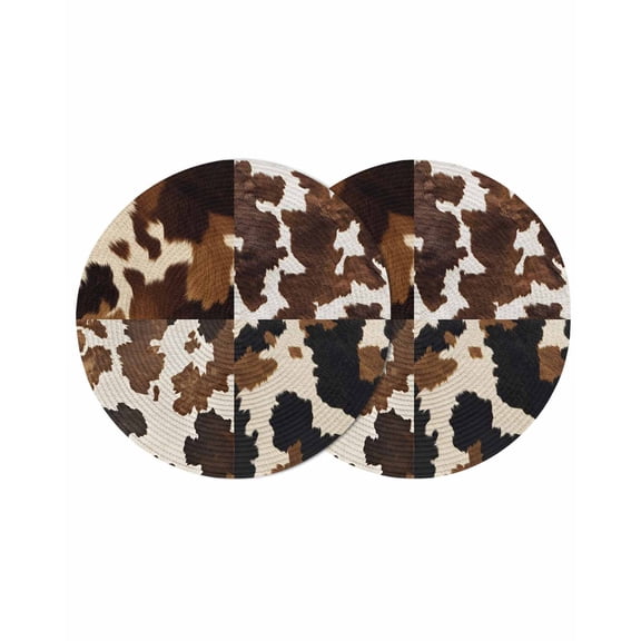 Cow Patterned Round 15 Inch Placemats Set of 2, Vintage Farmhouse Abstract Country Western HeatResistant Non Slip Place Mats for Dining Table, Wipeable Braided Kitchen Table Mats for Housewarming