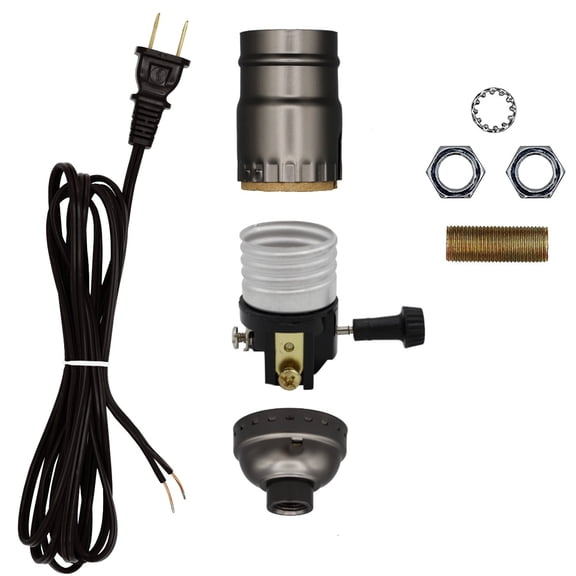 Creative Hobbies Make a Lamp | Repair or Rewiring Kit - 8 Foot Black Power Cord and Dark Grey Metallic 3 Way Socket with All Essential