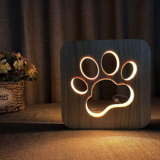 Luz nocturna LED, luz nocturna de animales, lámpara USB tallada en madera, lámpara de mesa creativa con estampado de patas, luz nocturna de madera, lámpara 3D, luz nocturna de pata de perro y gat