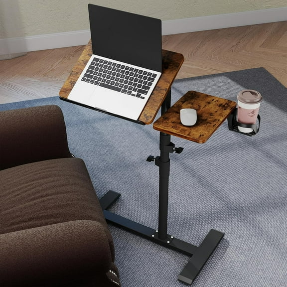 Rolling Table for Laptop Stand, Height and Angle Adjustable Over Bed Table with Wheels, Tilt-Top Laptop Desk for Couch with Cup Holder, Bed Table Tray for Eating (Rustic)