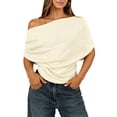 thumbnail image 4 of Glisme Women T-Shirt Solid Color Short Sleeve Asymmetrical One Shoulder T-Shirt Summer Fashion Women Tees Size L Beige, 4 of 5