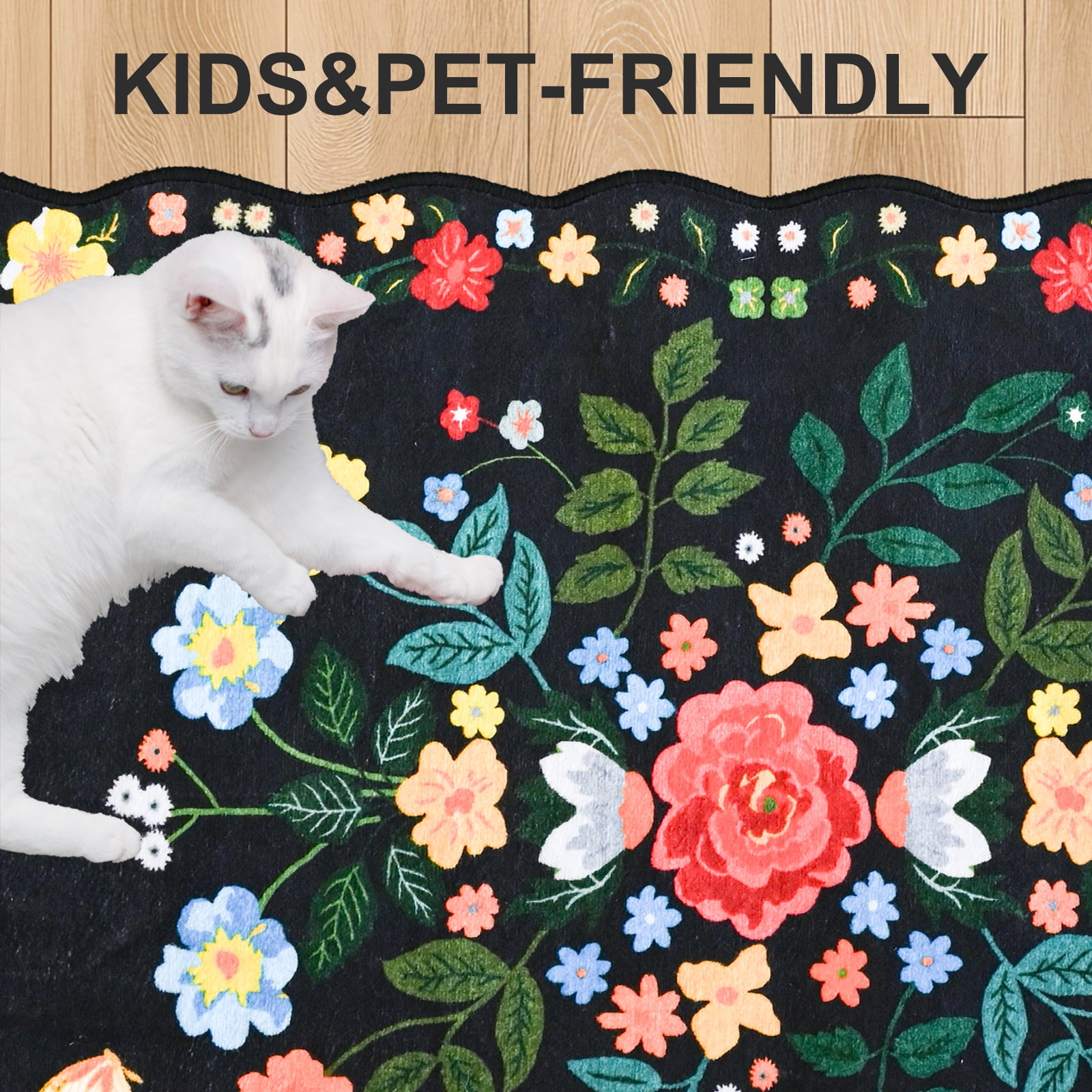 Pentantan Floral Area Rugs 6'x9', Machine Washable Rug for Living Room Non-Slip Vintage Soft Indoor Carpet for Bedroom, Dining Room, Playroom, Office, Black