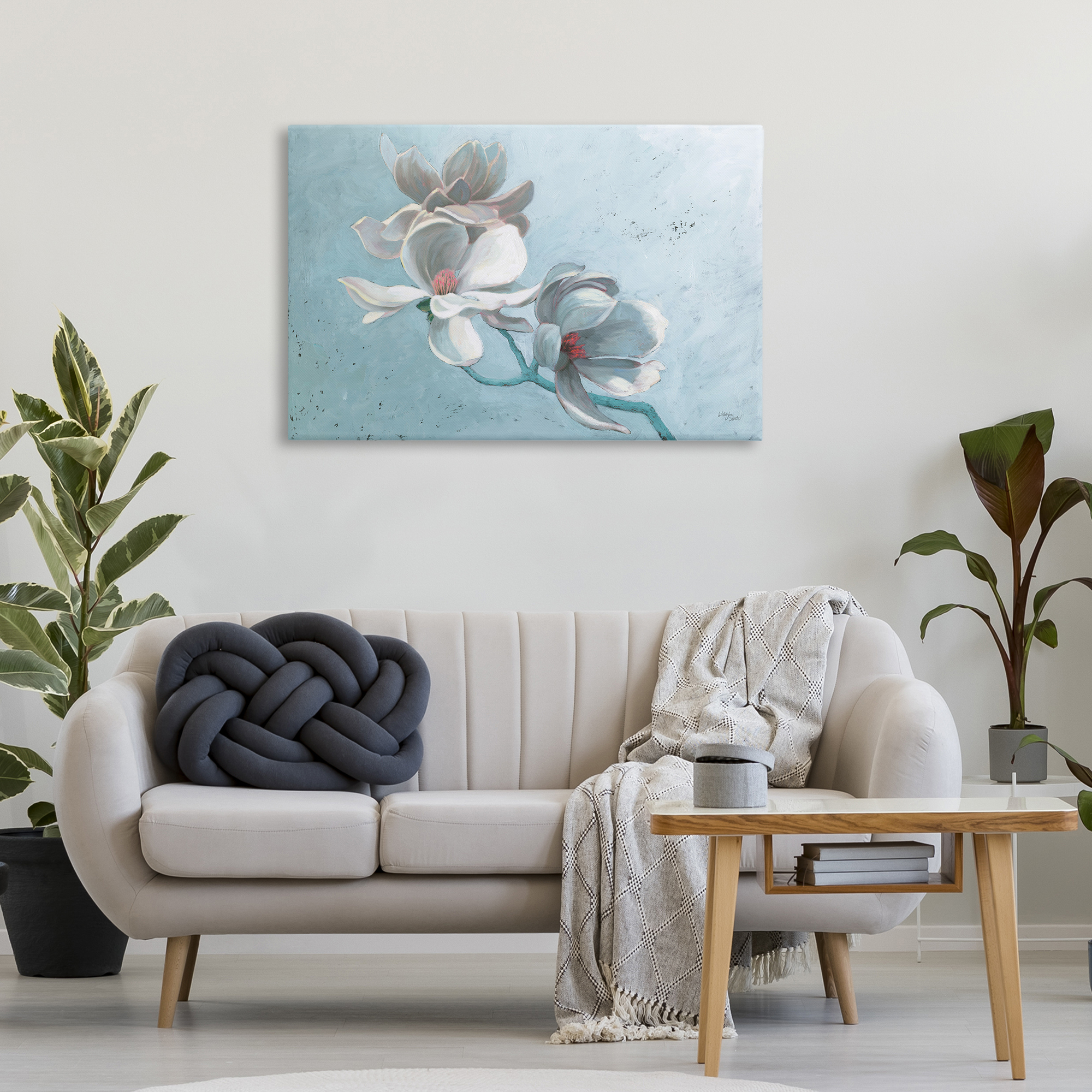 Stupell Industries Magnolia Branch on Blue Botanical & Floral Painting Gallery Wrapped Canvas Art Print Wall Art, 36 x 24