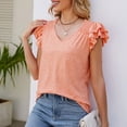 thumbnail image 4 of Top de verano para mujer, cuello en V, hombros fruncidos, manga corta con volantes, Tops básicos sueltos informales elegantes, naranja XL, 4 of 7
