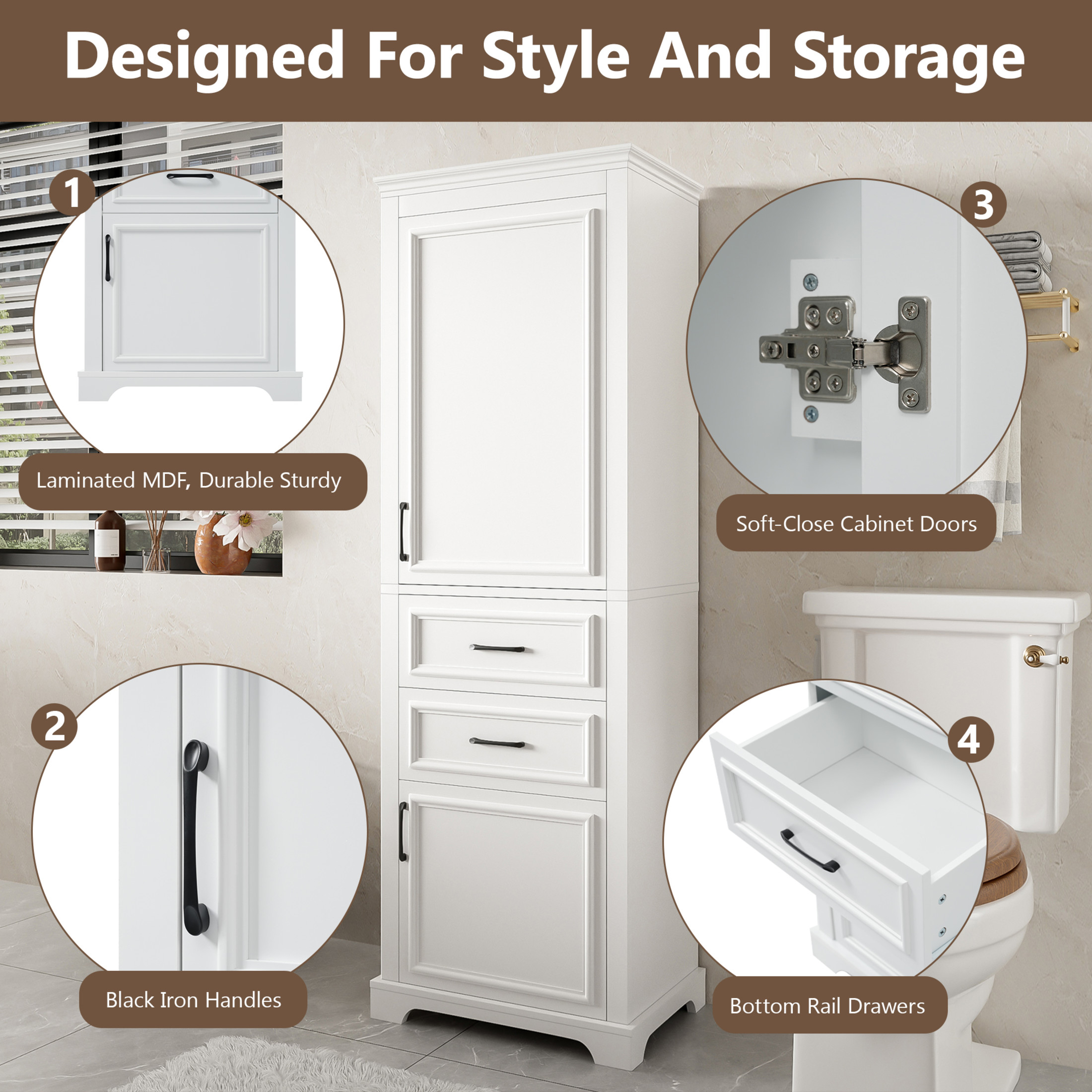 Noble House 71" Freestanding Bathroom Cabinet with Soft-Close Doors, 2 Drawers, Adjustable Shelves, White