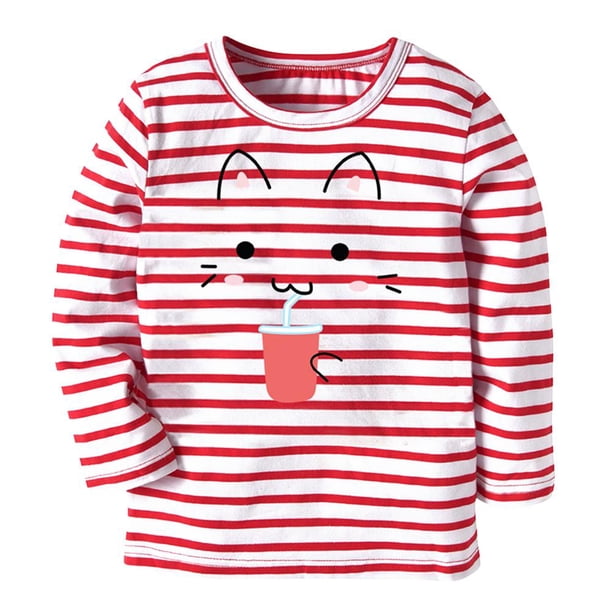 Niñas niños lindo gato raya manga larga camiseta suave Tops ropa (rojo 2-3T) Ehuebsd Para estrenar