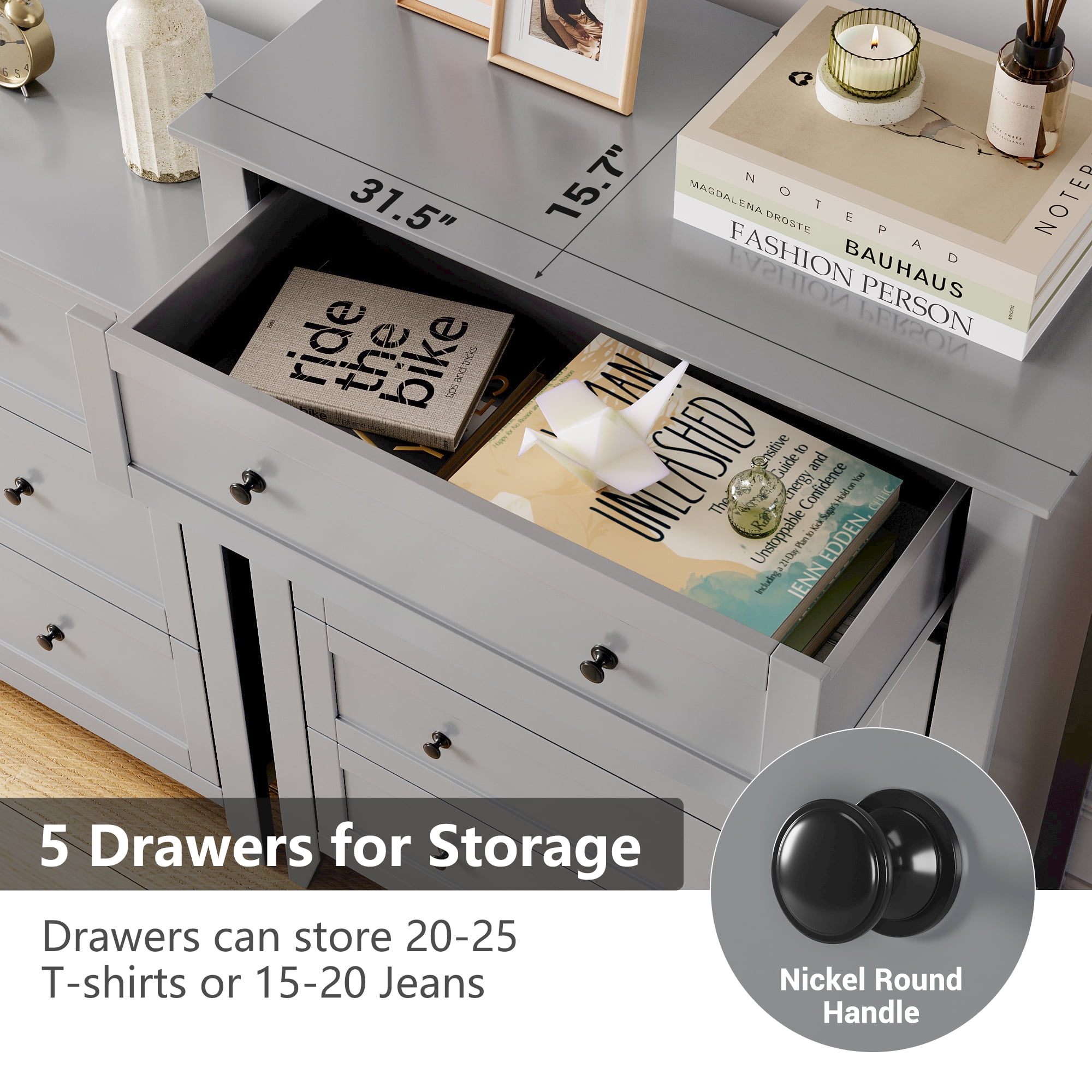 Homhougo Dresser for Bedroom with 5 Drawers, Tall Wood Organizer Storage Cabinet with Round Handle, Chest of Drawers for Closet, Living Room, Hallway, Nursery, Kids Bedroom, Gray