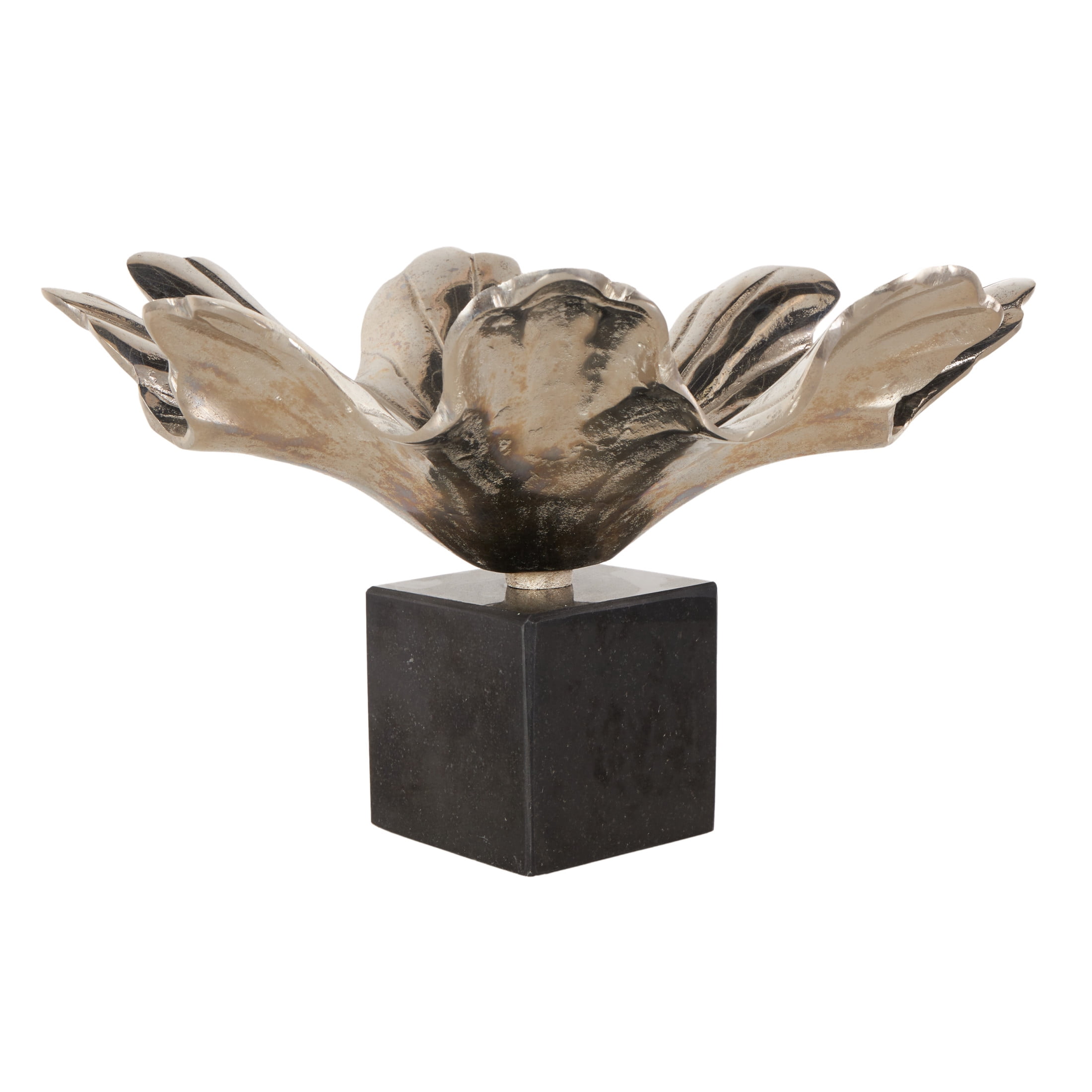 DecMode 15" Square Floral Silver Aluminum Metal Decorative Bowl with Black Marble Base