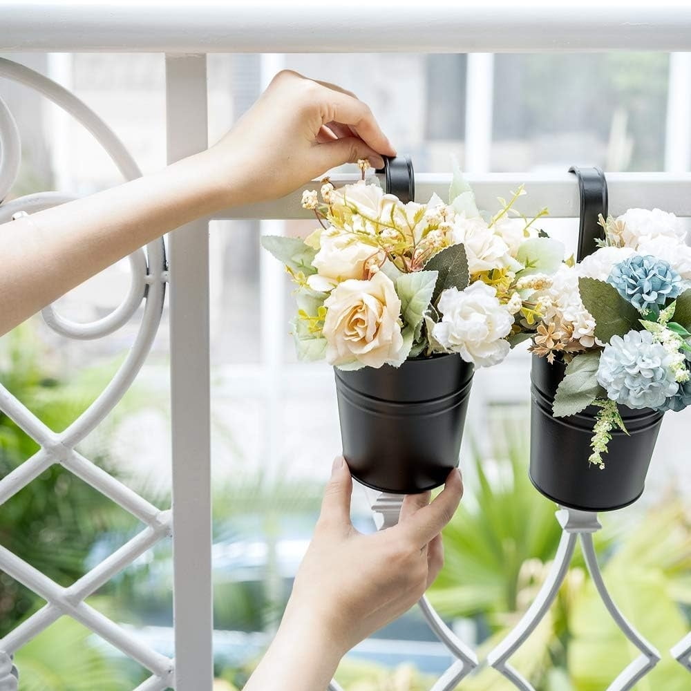 8Pcs Iron Fence Hanging Flower Pots,Metal Railing Planters,Garden Plants Planter Box,Tin Bucket Flower Holder,for Indoor Outdoor Home Office Decoration 4Inch-Black